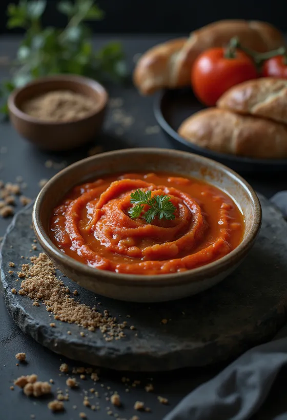 Klassinen matbucha, herkullinen tomaattikastike paprikalla