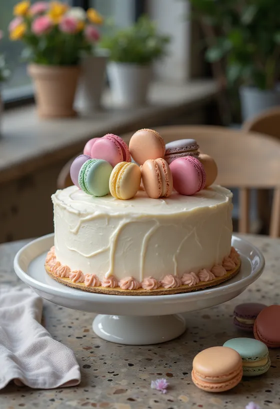 Macaron-koristeltu kakku monivärisillä macaroneilla