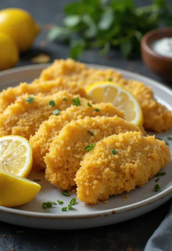 Milanesa sitruunamehulla, rapea paneroitu kanafilee tuoreella sitruunamehulla ja persiljalla