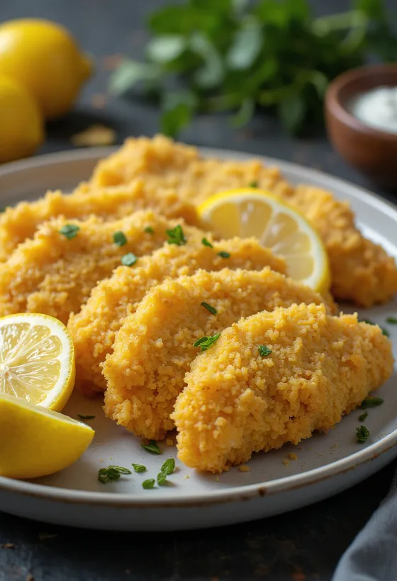Milanesa sitruunamehulla, rapea paneroitu kanafilee tuoreella sitruunamehulla ja persiljalla