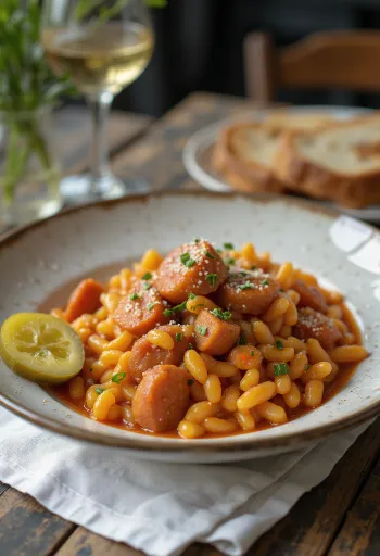 Paimenen tarhonya savumakkaralla ja perunalla, tuoreella persiljalla ripoteltuna