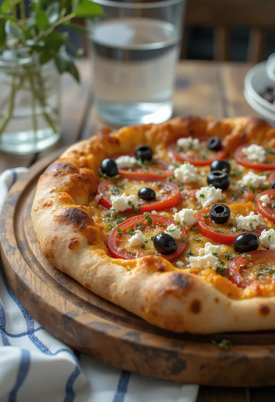 Pizza Greca fetajuustolla, mustilla oliiveilla ja tuoreella tomaatilla