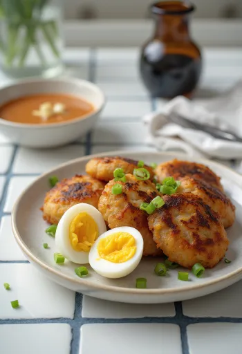 Satsuma-age kalakakku kananmunalla, tarjoiltuna soijakastikedipin kanssa