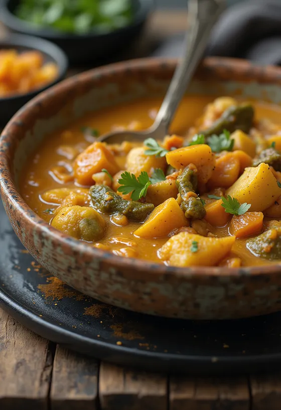 Vegaaninen curry mehevillä vihanneksilla ja tuoreella korianterilla koristeltuna