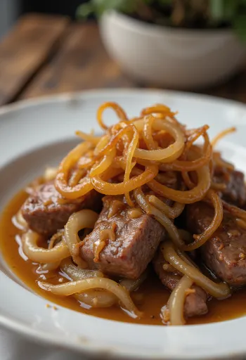 Vasikanmaksaa ja sipulia, paistettua maksaa sipulilla