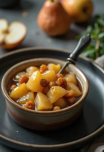 Hapanimelä päärynächutney tarjoiltuna