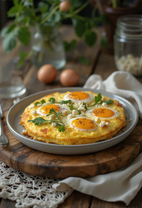Frittata munakoisolla ja feta-juustolla pannussa paistettuna, tuoreella persiljalla ripoteltuna