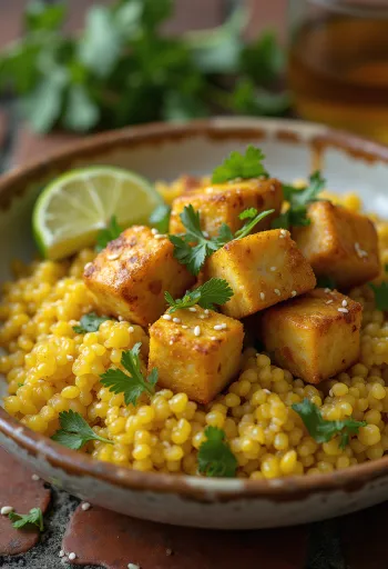 Lime-paistettu tofu curry-kvinoapohjalla