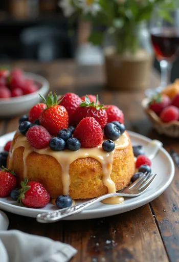 Kesäinen marjakakku tuoreilla marjoilla koristeltuna