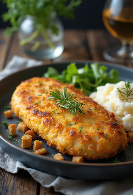 Pozharsky cutlet, venäläinen kanapihvi voilla ja korppujauhoilla, perunamuusin kera tarjoiltuna