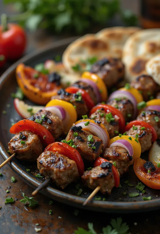 Shish kebab vartaassa grillattua lihaa ja vihanneksia