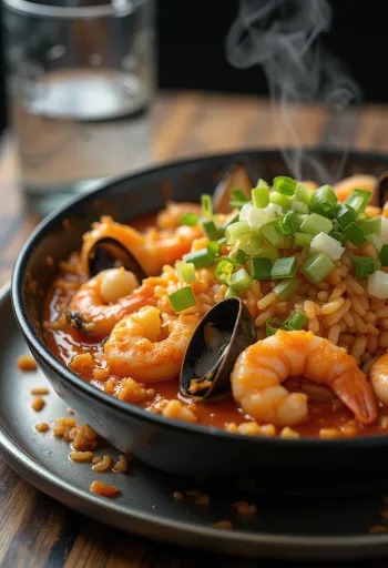 Tteokbokki merenelävillä, korealaisia riisikakkuja mausteisessa kastikkeessa, kananmunan ja kimchin kera