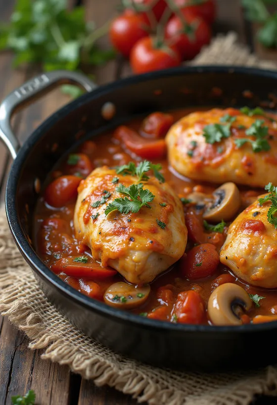 Chicken cacciatore tarjoiltuna pannulla vihannesten kera