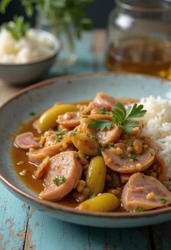 Hentes tokány mehevästä porsaanlihasta, savumakkarasta ja suolakurkusta valmistettuna.