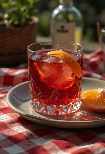 Negroni-cocktail appelsiiniviipaleella koristeltuna