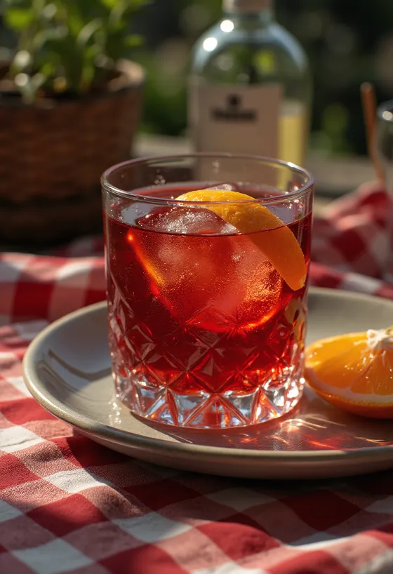 Negroni-cocktail appelsiiniviipaleella koristeltuna