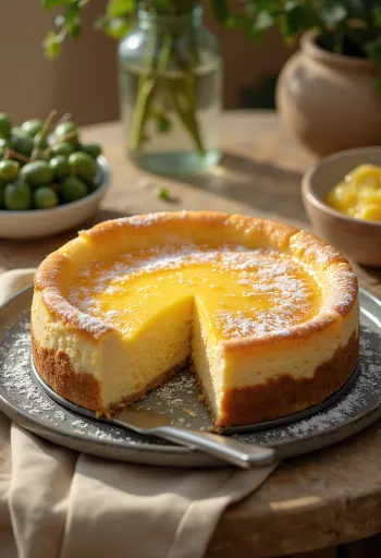 Saksalainen rahka-juustokakku pehmeällä täytteellä ja tomusokerilla ripoteltuna