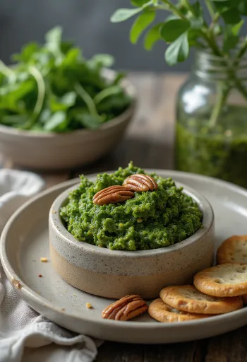 Pesto lehtikaalilla ja pekaanipähkinöillä, vaalealla lautasella, kermainen koostumus