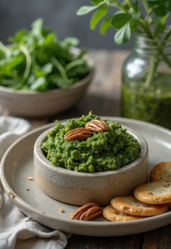 Pesto lehtikaalilla ja pekaanipähkinöillä, vaalealla lautasella, kermainen koostumus