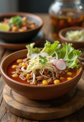 Pozole-keitto tarjoiltuna