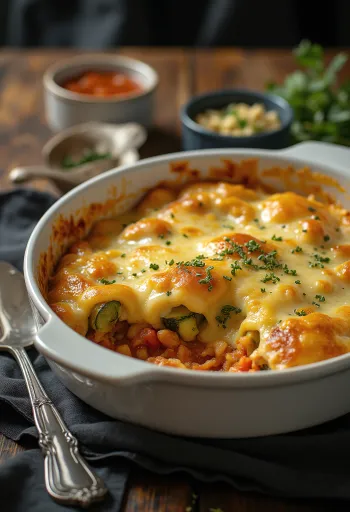 Vegaaninen kesäkurpitsavuoka tomaattikastikkeella