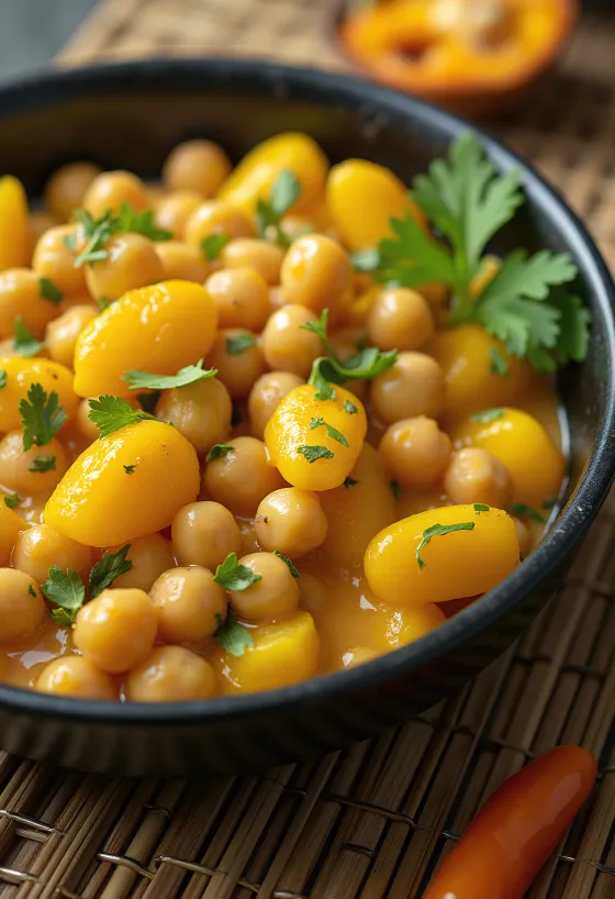Ackee ja kikherneet kulhossa, vihannesten ja kookosmaidon kera tarjoiltuna