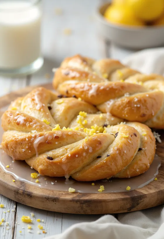 Kringle sitruunalla ja unikonsiemenillä punottuna kranssina, kullanruskealla pinnalla
