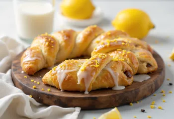 Kringle sitruunalla ja unikonsiemenillä punottuna kranssina, kullanruskealla pinnalla