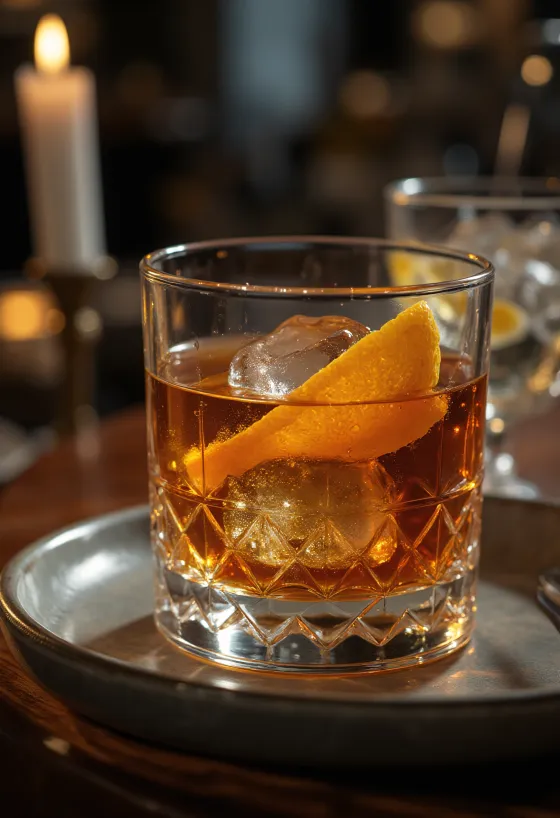 Old Fashioned -cocktail appelsiininkuorella koristeltuna
