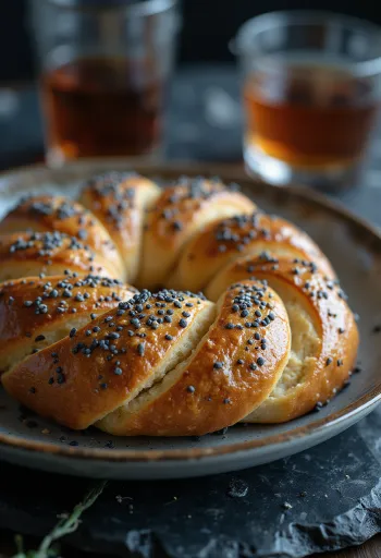 Simit unikonsiemenillä tarjoiltuna fetajuuston ja tuoreen persiljan kera