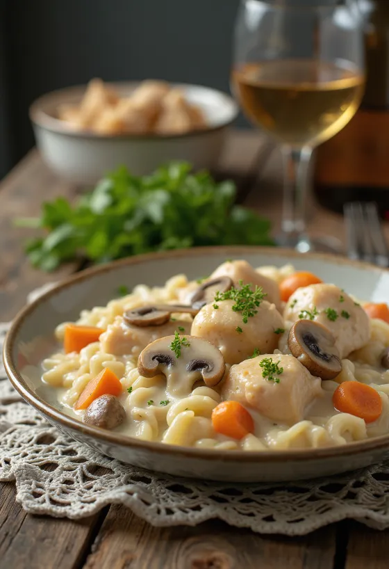 Chicken Fricassee kermakastikkeella tarjoiltuna