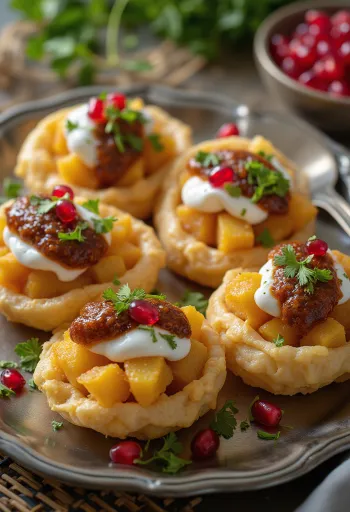 Dahi Puri granaattiomenan siemenillä ja jogurtilla koristeltuna