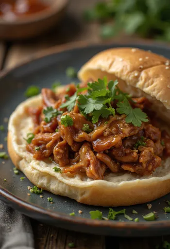 Pulled Duck, mureaa barbecue-ankanlihaa tuoreen korianterin ja kaalisalaatin kera tarjoiltuna
