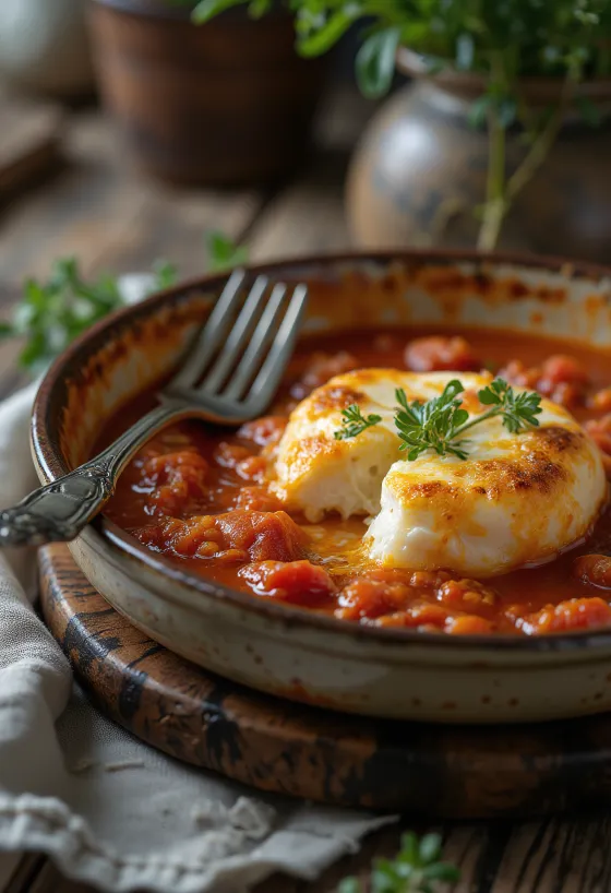 Saganaki tomaattikastikkeessa, tarjoiltuna fetan ja persiljan kera