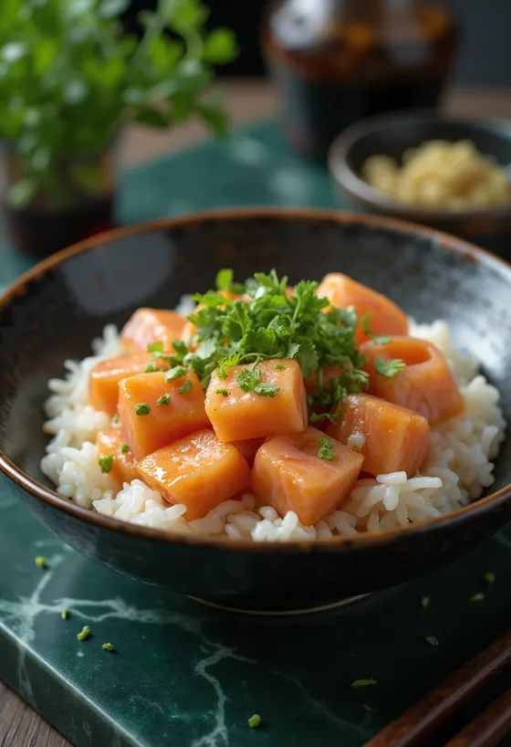 Paistettu lohi-Oyakodon, kananmunalla ja riisipohjaisella kastikkeella
