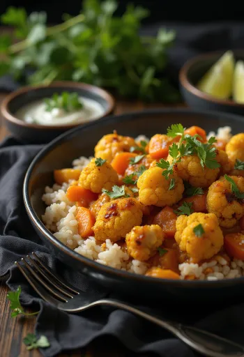 Vegaaninen kukkakaalicurry-paistos tarjoiltuna