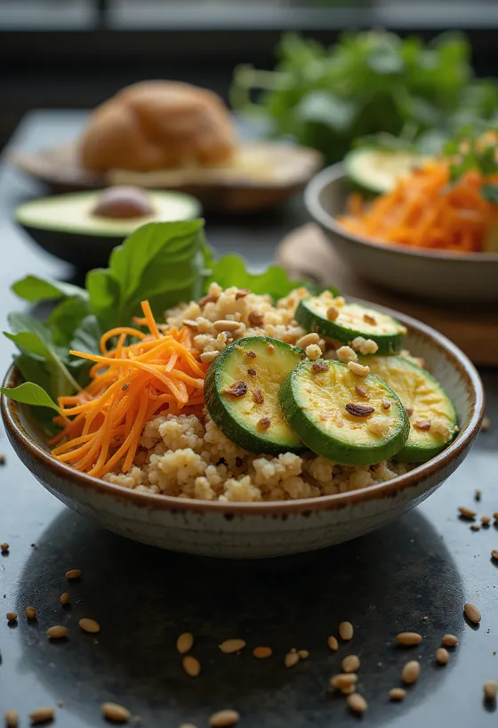 Avokado-kesäkurpitsa Buddha bowl tarjoiltuna