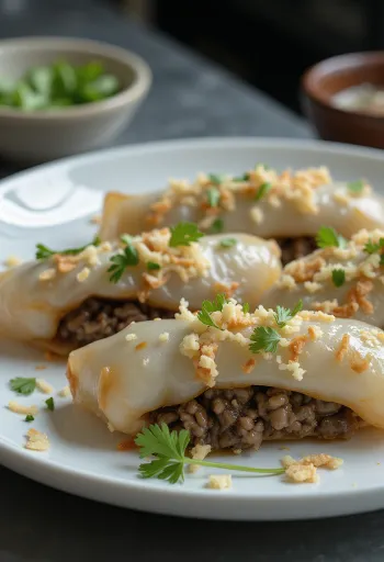 Bánh cuốn sianlihalla tarjoiltuna korianterin ja kalakastikkeen kera