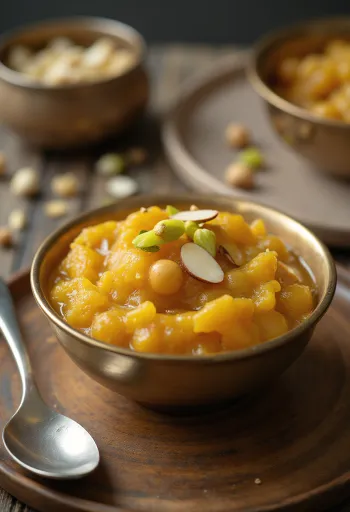 Chana Dal Halwa runsaine mausteisine makuineen, paahdetuilla pähkinöillä ja ruusuvedellä.