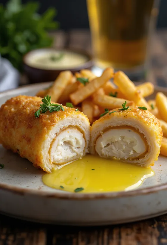 Chicken Kiev kullanruskeaksi paistettuna