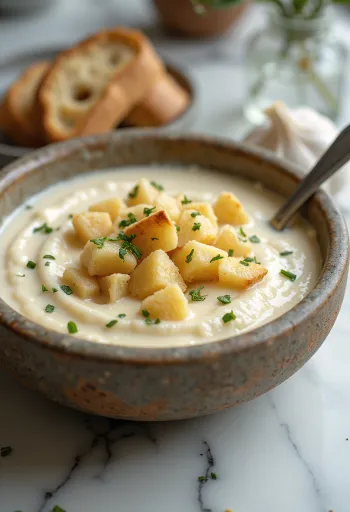 Kermainen valkosipulikermakeitto paahdetuilla leipäkuutioilla ja tuoreella persiljalla.