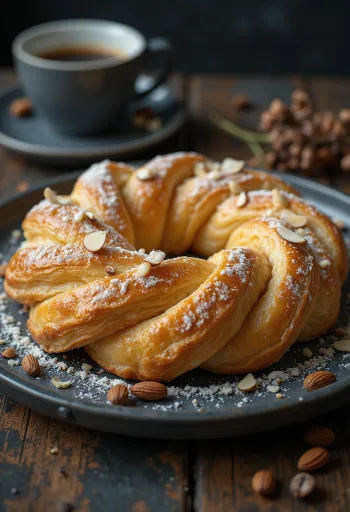 Kringle marsipaanitäytteellä punotussa kranssimuodossa, kullanruskeaksi paistettuna