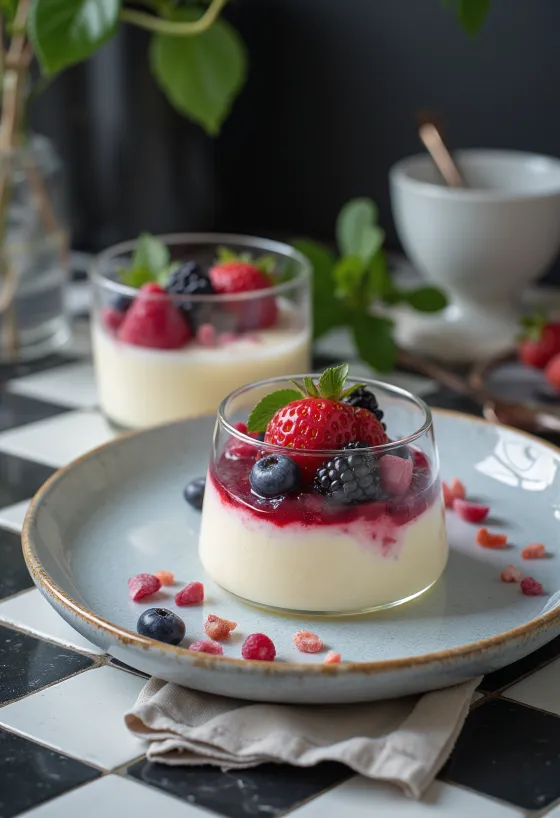 Laktoositon pannacotta tarjoiltuna