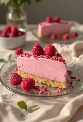 Vadelmamoussekakku vadelmilla koristeltuna