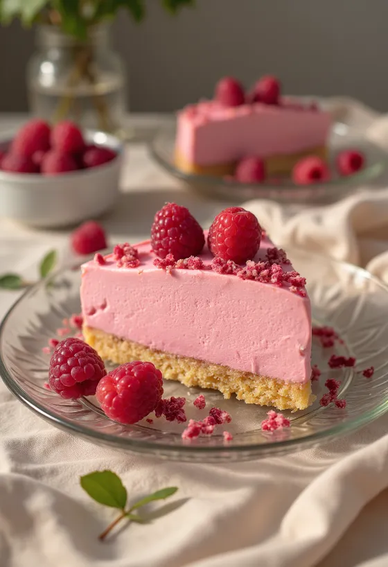 Vadelmamoussekakku vadelmilla koristeltuna