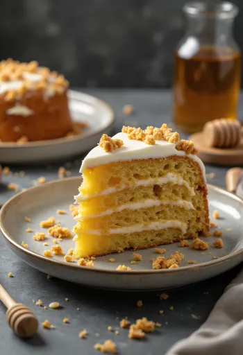 Venäläinen hunajakakku kerrostetulla täytteellä ja kakunmuruilla koristeltuna