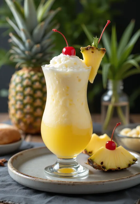 Piña Colada tuoreella ananaksella ja cocktailkirsikalla koristeltuna