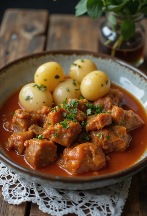 Pörkölt birkahússal tarjoiltuna tuoreen leivän ja pikkelsin kera