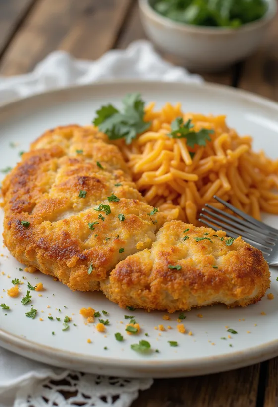 Leivitetty porsaankyljys mausteisella riisillä tarjoiltuna