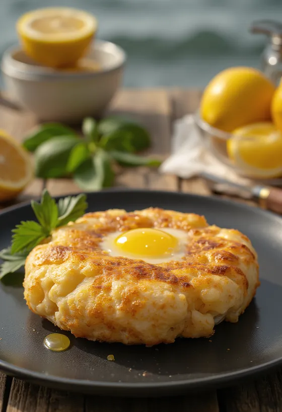Saganaki täysjyväjauhoilla, kullanruskealla kuorella, sitruunan kera tarjoiltuna